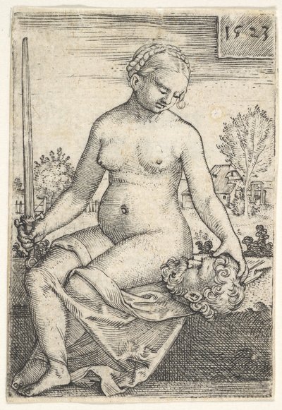 Judith, zittende naakt met een zwaard in haar rechterhand, kijkend naar het hoofd van Holofernes, 1523 door Barthel Beham