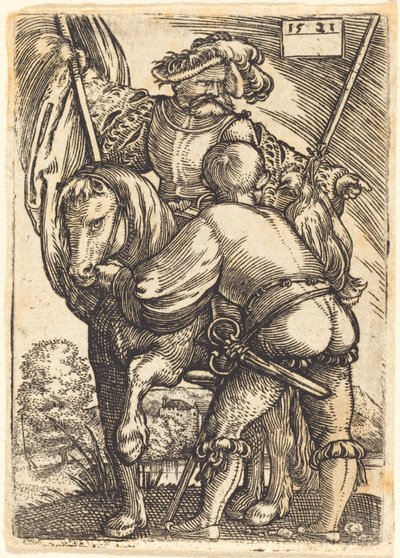 Rijdende vaandeldrager en voetsoldaat door Barthel Beham