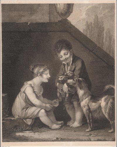 Twee kinderen met honden door Barthélémy Joseph Fulcran Roger