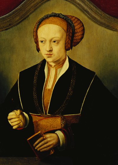 Portret van een dame, vermoedelijk prinses Sybille van Cleve, half lengte, gekleed in een zwart kostuum, gouden ketting en een uitgebreide hoofdtooi, met een boek en een rozenknop door Bartholomaeus Bruyn