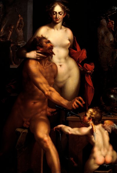 Venus in de smidse van Vulcanus, Jupiter en Antiope door Bartholomaeus Spranger