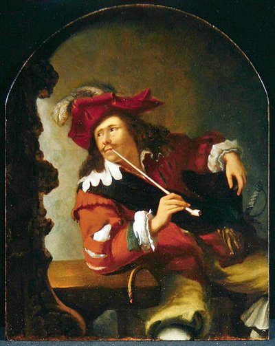 Een jonge man zittend aan een tafel, rokend en kijkend in een spiegel door Bartholomaus Maton