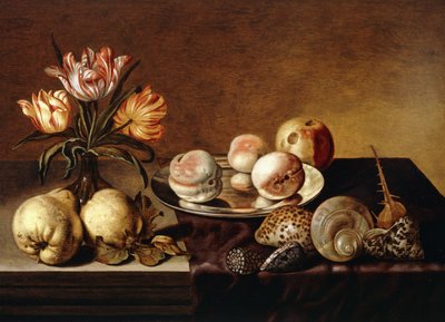 Een zilveren schaal met perziken, een vaas met papegaaitulpen, peren en schelpen op een gedeeltelijk gedrapeerde tafel door Bartholomeus Assteyn