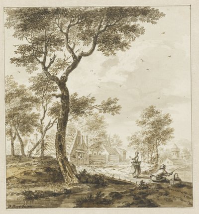 Landschap met figuren en rechts een hengelaar door Bartholomeus Barbiers