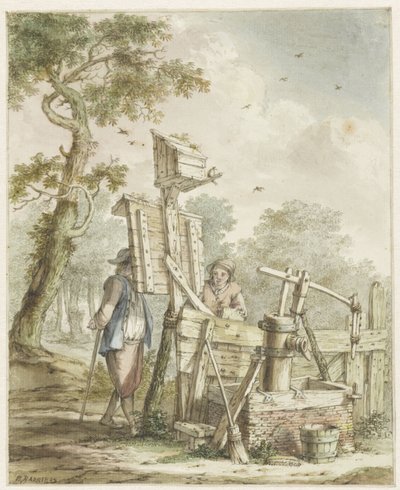 Landschap met twee mannen bij een aanplakbord bij een waterpomp door Bartholomeus Barbiers