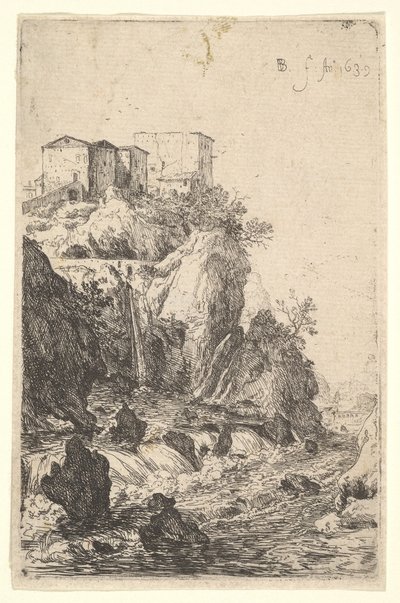 Watervallen bij Ponte della Trave, met gebouwen op een rotsachtige uitloper erboven, uit de serie ..., 1639 door Bartholomeus Breenbergh
