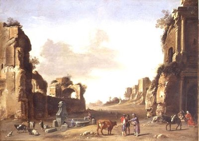 Klassieke ruïnes met boeren die hun dieren water geven door Bartholomeus Breenbergh