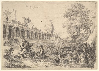 Corsica zittend voor saters aan de oever van een rivier, uit een paar platen voor Battista Gu..., 1640 door Bartholomeus Breenbergh