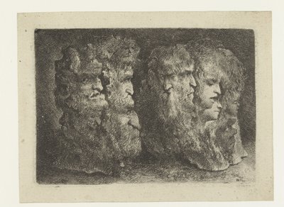 Verschillende koppen van mannen, dieren en mascarons door Bartholomeus Breenbergh