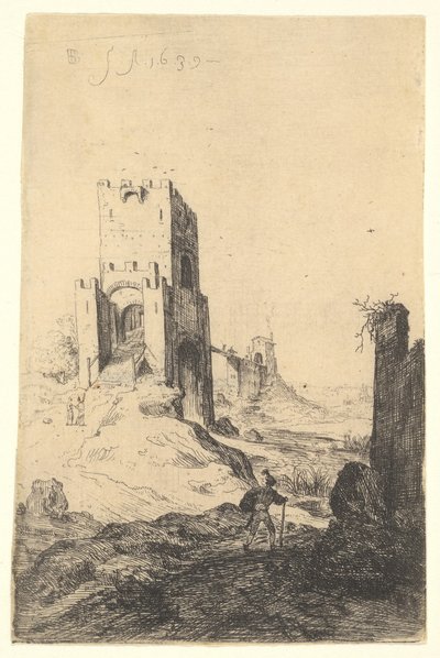 Uitzicht op Ponte Mammolo, een brug op de achtergrond, een toren met helling in het midden door Bartholomeus Breenbergh
