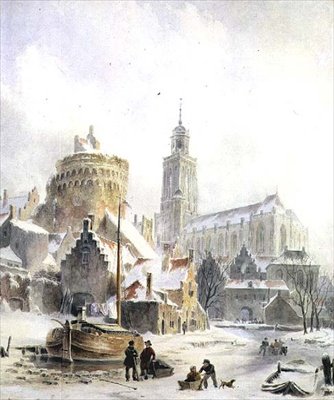 Kinderen spelend op een bevroren rivier, Deventer kathedraal op de achtergrond door Bartholomeus Johannes van Hove