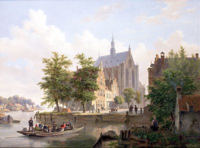 Veerboot die een kanaal in Haarlem oversteekt door Bartholomeus Johannes van Hove