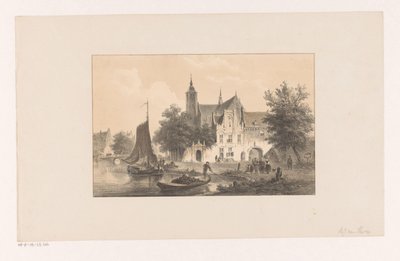 Stadsgezicht met rivier en kerk door Bartholomeus Johannes van Hove