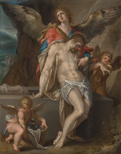 Het lichaam van Christus ondersteund door engelen door Bartholomeus Spranger