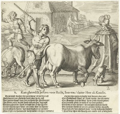 De baljuw voert de koe van de boer weg door Bartholomeus Willemsz. Dolendo