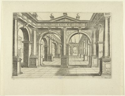 Gebouw met dubbele boog in het midden in Dorische stijl door Bartholomeus Willemsz. Dolendo
