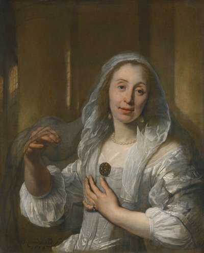Portret van een vrouw in wit door Bartholomeus van der Helst