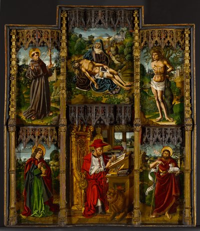 Draagbaar altaarstuk: Pietà, heiligen Franciscus, Sebastiaan, Johannes de Evangelist, Hiëronymus en Johannes de Doper, ca. 1500 door Bartolomé Bermejo