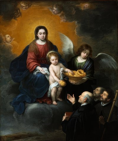 Het Christuskind deelt brood uit aan de pelgrims door Bartolomé Esteban Murillo