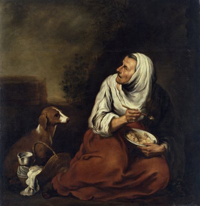 Oude vrouw met hond door Bartolomé Esteban Murillo