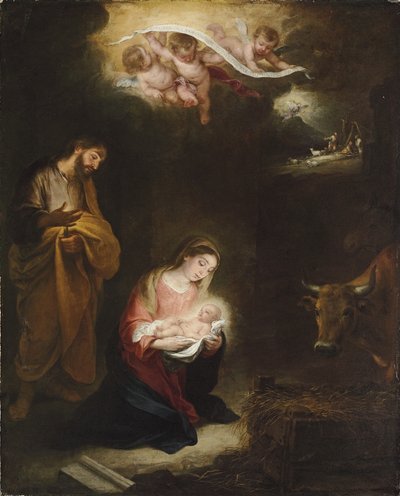 De geboorte met de aankondiging aan de herders door Bartolomé Esteban Murillo