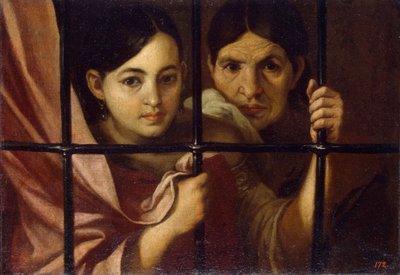 Twee vrouwen achter een hek door Bartolomé Esteban Murillo