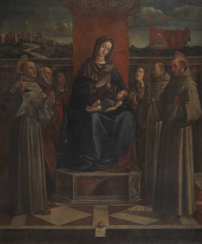 Maagd en Kind Enthroned met Zes Heiligen, ca. 1500 door Bartolomeo (attr. to) Montagna