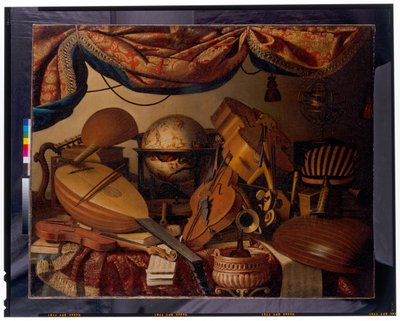 Een stilleven met muziekinstrumenten door Bartolomeo Bettera