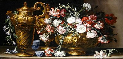 Stilleven met anjers in een vaas en een Florentijnse kruik op een richel door Bartolomeo Bimbi