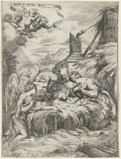 Aanbidding door Maria, Jozef en engelen door Bartolomeo Biscaino