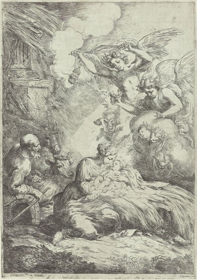 Geboorte van Christus met engelen door Bartolomeo Biscaino
