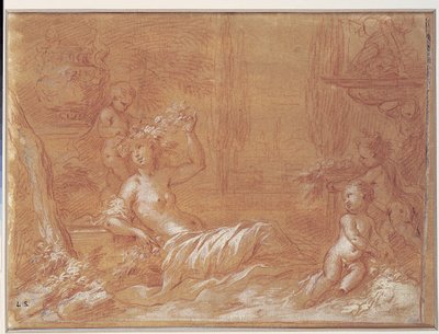 Liggende nimf in een tuin met fontein, vaas en drie cupido