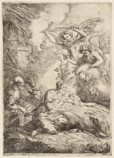 De Heilige Familie aanbeden door engelen De Grote Geboorte, ca. 1655 door Bartolomeo Biscaino