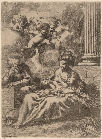 De Heilige Familie bij een zuil door Bartolomeo Biscaino
