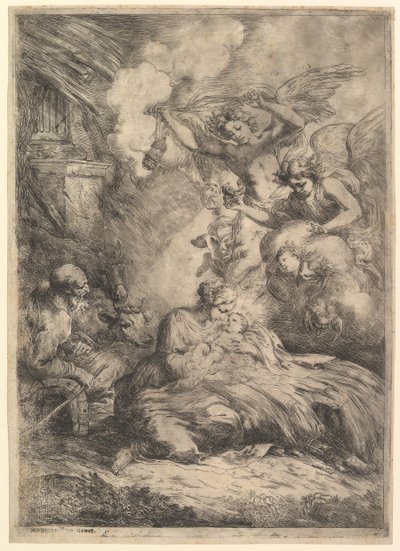 De geboorte van Jezus met engelen, 1650-57 door Bartolomeo Biscaino