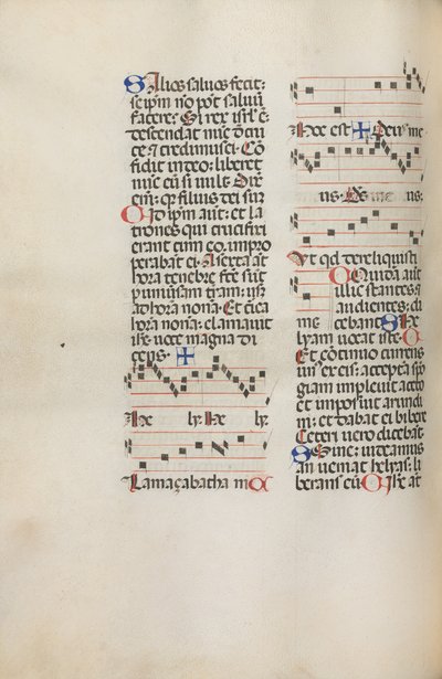 Missale: Fol. 121v: bevat muziek voor Hely Hely Lama etc. binnen St. Mattion Passion, 1469 door Bartolomeo Caporali