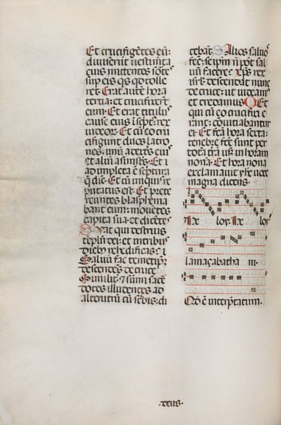 Missale: Fol. 128v: bevat muziek voor Hely Hely Lama etc. binnen St. Mattion Passion, 1469 door Bartolomeo Caporali