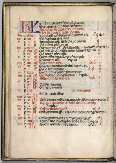Missale: Fol. 6v: Augustus kalenderpagina, 1469 door Bartolomeo Caporali