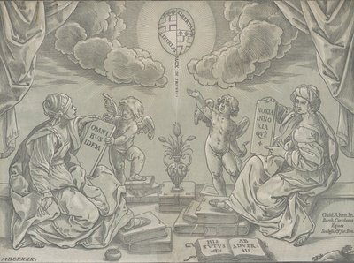 Allegorie van een Stelling, twee vrouwen houden beschreven tabletten, 1640 door Bartolomeo Coriolano