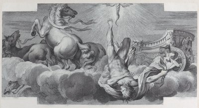 Plaat 34: Auriga, de wagenmenner, valt uit de wagen in het midden, met drie paarden, 1756 door Bartolomeo Crivellari, Gabriel Söderling
