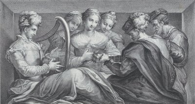 Een groep elegant geklede mensen die harp en gitaar spelen, 1740-68 door Bartolomeo Crivellari