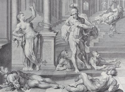 Plaat 10: Odysseus dwingt Circe om de menselijke vormen van zijn metgezellen te herstellen, 1756 door Bartolomeo Crivellari