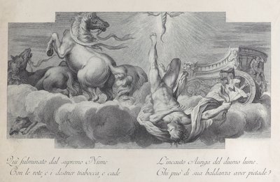 Plaat 34: Auriga, de wagenmenner, valt uit de wagen in het midden, met drie paarden aan l..., 1756 door Bartolomeo Crivellari