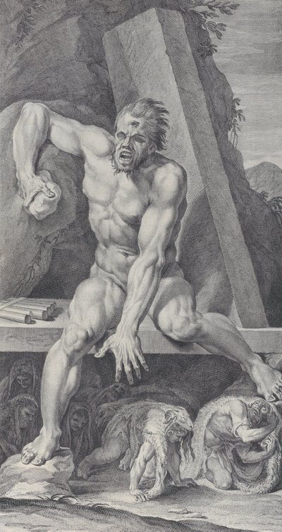 Blinde Polyphemus, bewaker van de ingang van zijn grot, met Ulysses en zijn... door Bartolomeo Crivellari