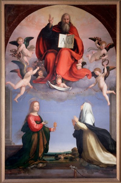 God houdt een boek met de Griekse letters Alpha en Omega door Bartolomeo Fra