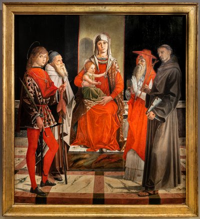 Enthroned Madonna met kind Jezus tussen Heiligen Ansanus, Antonius de Grote, Hiëronymus en Franciscus door Bartolomeo Montagna
