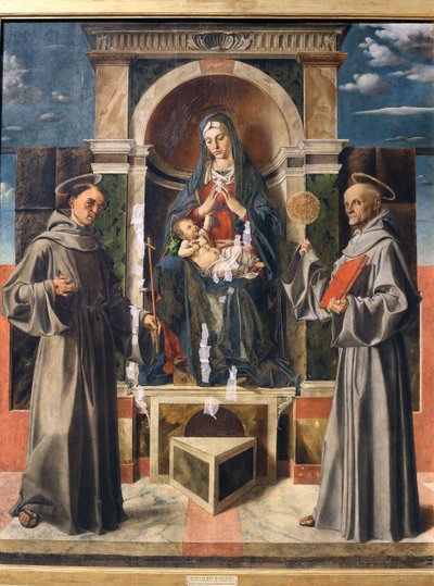 Madonna en Kind op de troon tussen Sint Franciscus en Sint Bernardinus van Siena door Bartolomeo Montagna