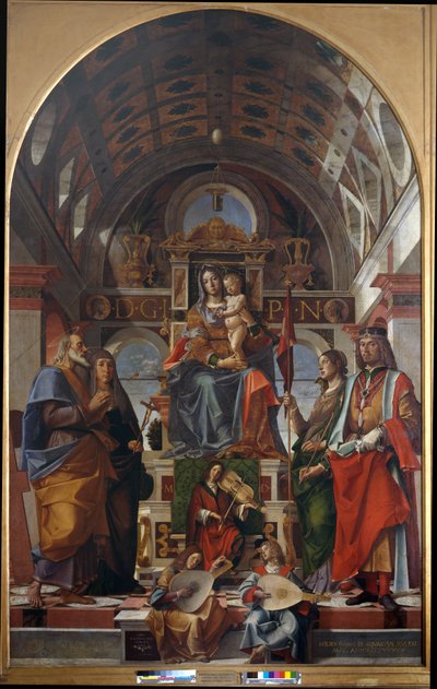 Madonna en kind met Sint Andreas, Monica, Ursula en Sigismund door Bartolomeo Montagna