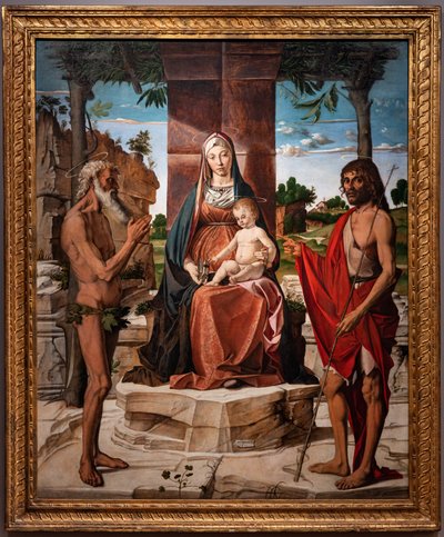 Madonna met kind Jezus onder een prieel tussen de heiligen Johannes de Doper en Onuphrius door Bartolomeo Montagna