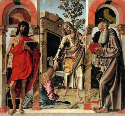 Verrezen Christus met Maria Magdalena en de heiligen Johannes de Doper en Hiëronymus, ca. 1492 door Bartolomeo Montagna